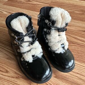 UGG Black Patent Boots with Cream Fur